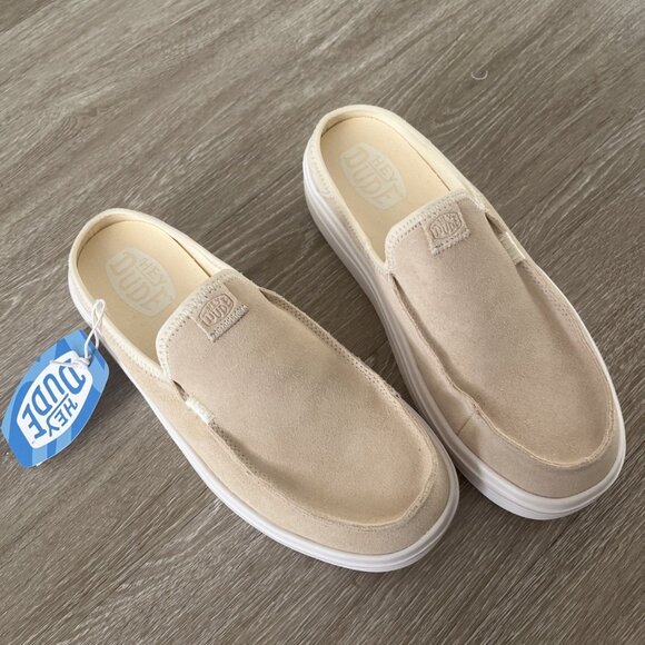 Hey Dude Women Sz 10 Austin Lift Classic Custard Beige Suede Mules Shoes NWT - Picture 1 of 4
